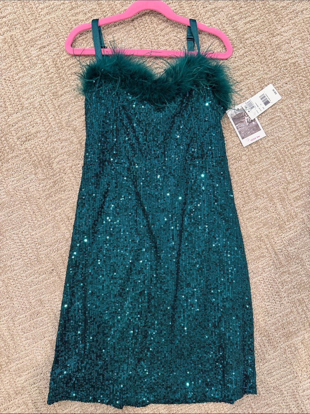 Girls' Teal Sequin Feather Trim Formal Dress